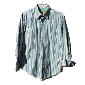 Robert Graham Blue & Green Striped Button Down Shirt Flip Cuffs w/Floral Design